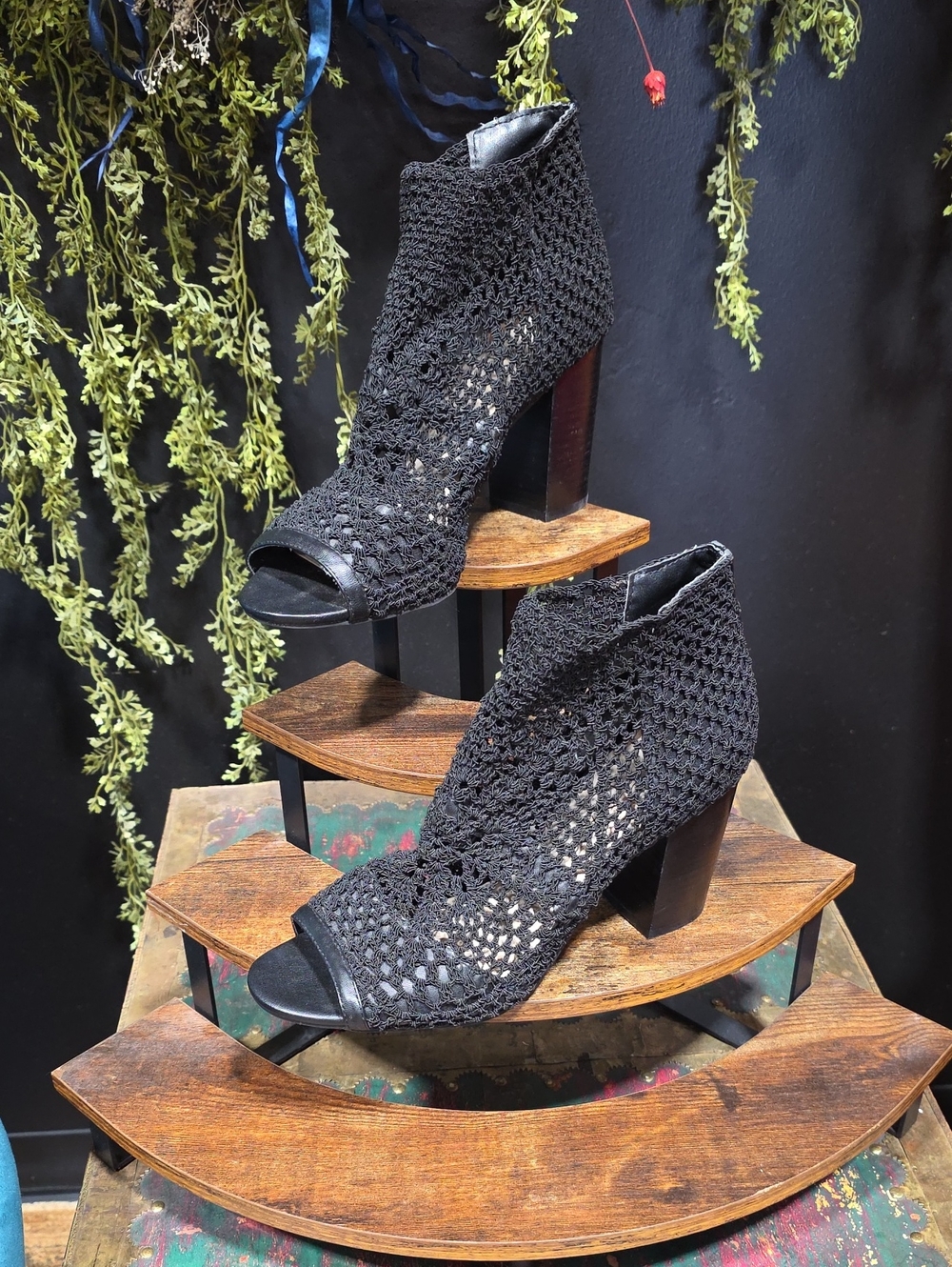 Jessica Simpson Black Crochet Peep-Toe Block Heel Booties
